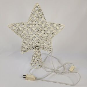 Vtg White Washed Metal Farmhouse Star Gems Christmas Tree Topper Lights Up 13"
